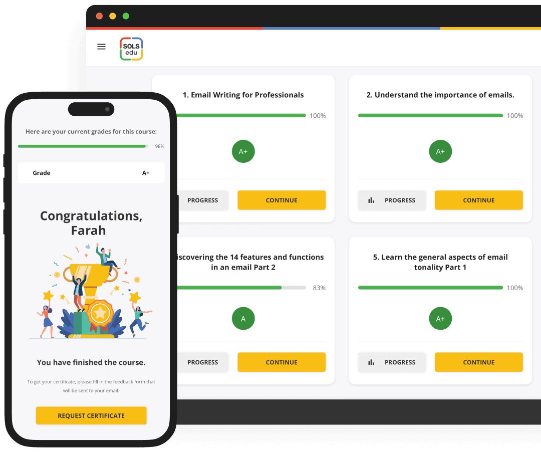 Aplikasi kursus SOLS edu di laptop dan ponsel: modul kursus dengan nilai A+, dan layar penyelesaian kursus